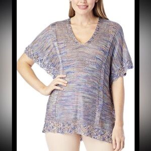 Democracy V-Neck Regular Size S/M Sweater Women's Multicolor Crochet Trim, NEW